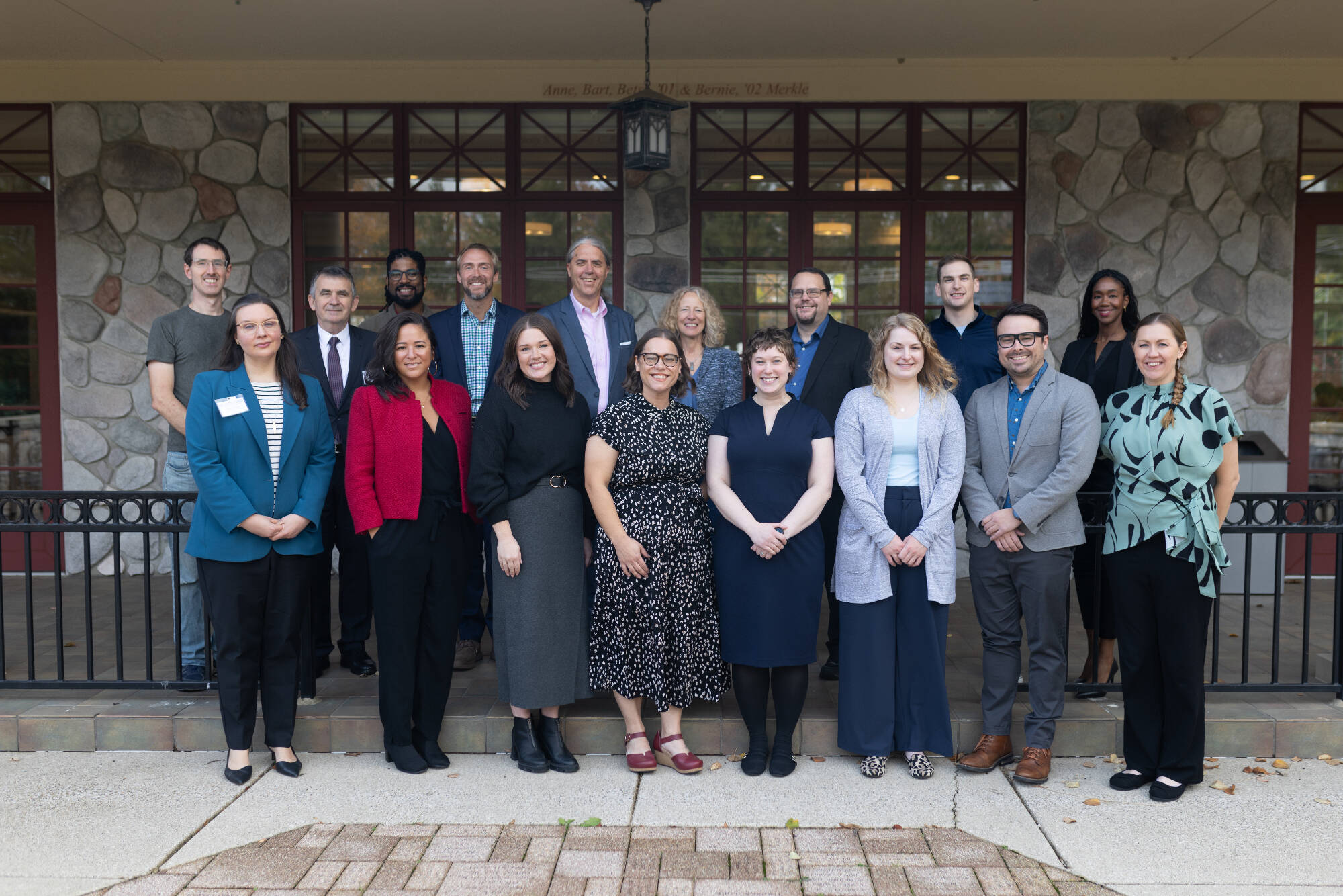 Group photo of 2025 Distinguished Alumni-in-Residence honorees, Provost Drake, and former Dean Donovan Anderson